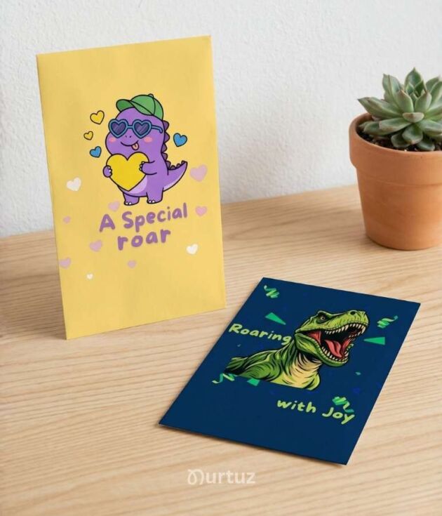 Product cover for the Dinosaur Printable Gift Envelope Bundle by Nurtuz. Shows two assembled envelopes on a wooden table.