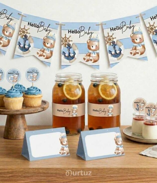 Nautical Baby Party Set featuring sailor bear decorations, cupcakes with blue and camel color toppers, and coordinated table decor by Nurtuz.