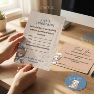 Nautical Baby Invitation and Thank You card pack mock-up held by hand, featuring cute sailor design and soft camel and blue tones by Nurtuz.