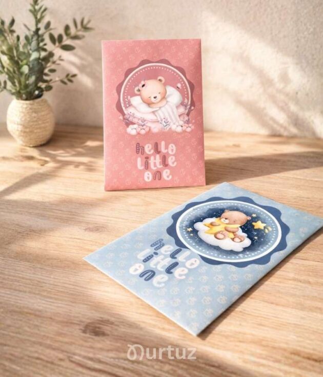 Cover photo of the Baby Shower Gift Envelope Bundle by Nurtuz. Shows two assembled envelopes on a wooden table, one pink and one blue, featuring a sleeping bear illustration and the text 'Hello Little One' under soft natural sunlight.