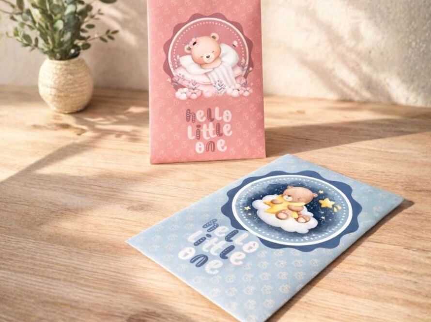 Cover photo of the cute printable money gift envelope bundle by Nurtuz. Shows two assembled envelopes on a wooden table, one pink and one blue, featuring a sleeping bear illustration and the text 'Hello Little One' under soft natural sunlight.