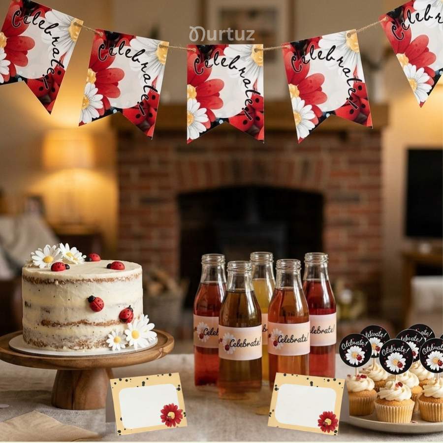 Minimalist floral printable party set with ladybug and elegant typography for kids birthdays by Nurtuz.