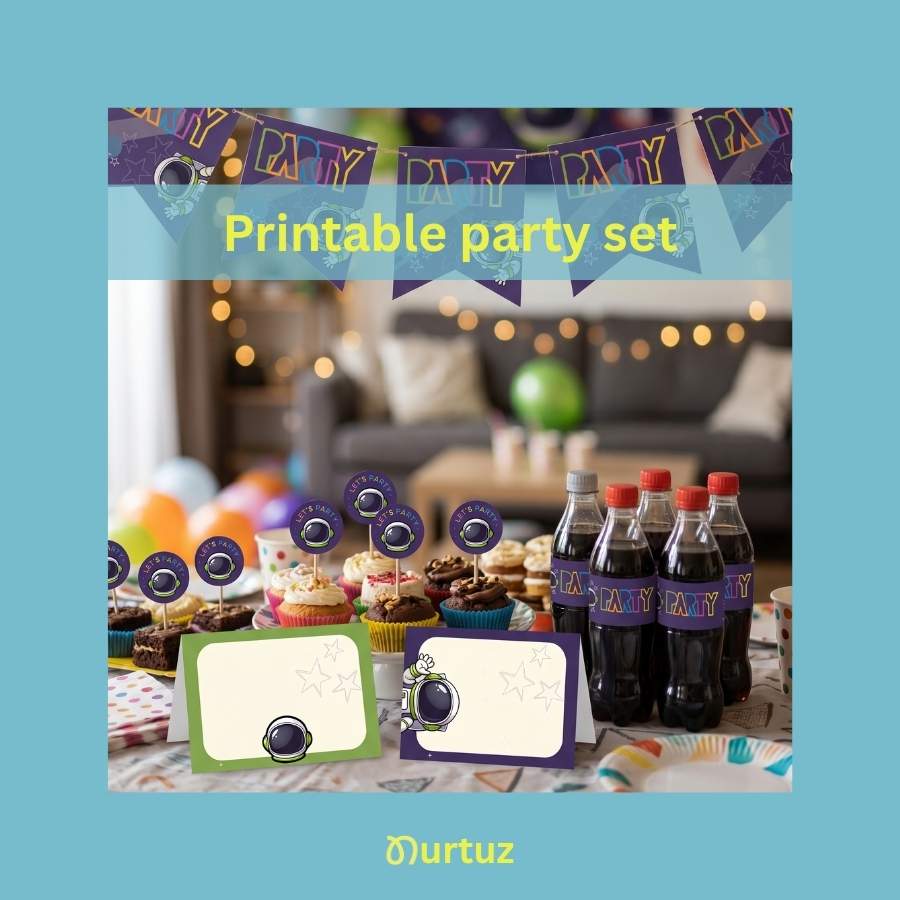 Printable Party Set – Galactic Explorer 2 Full party table setup for Galactic Explorer theme with cupcakes, decorated soda bottles, food tent cards, and astronaut bunting banner. Space party inspiration by Nurtuz.