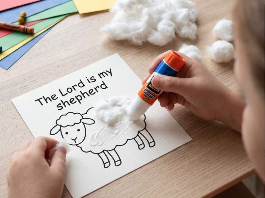 A young child gluing cotton balls onto a printed sheep illustration to learn about Bible stories. A visual representation of the DIY and learning by doing philosophy of Nurtuz Creative Seeds for kids.