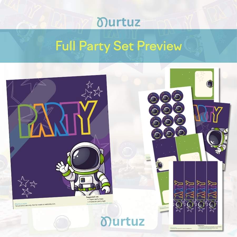 Printable Party Set – Galactic Explorer 3 Preview of the printable PDF pages for the Galactic Explorer party Set, including the astronaut banner, sheet of 2-inch round toppers, water bottle labels, and foldable food cards. Digital download layout by Nurtuz.