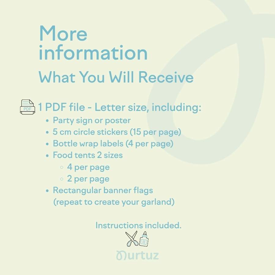 Printable Party Set – Galactic Explorer 4 Detailed list of what is included in the Party set: 1 PDF Letter size file with party sign, 5cm stickers, water bottle wraps, rectangular banner flags, and food tents in two different sizes. Instructions included by Nurtuz.