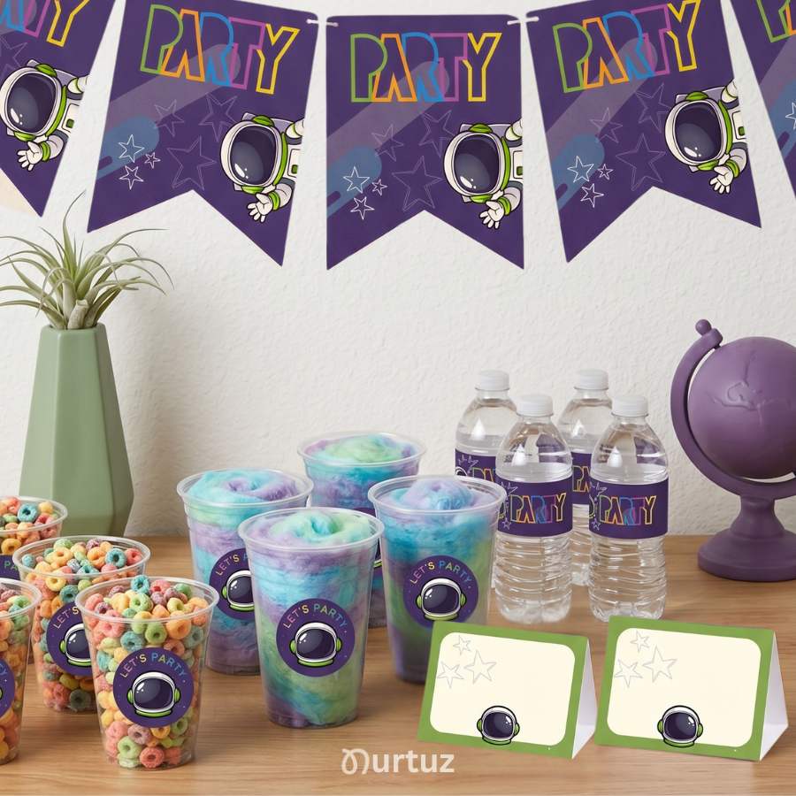 Printable Party Set – Galactic Explorer 1 Space themed party printables - featuring purple galaxy banners, water bottle labels, and snack cup stickers. Space party printables by Nurtuz.