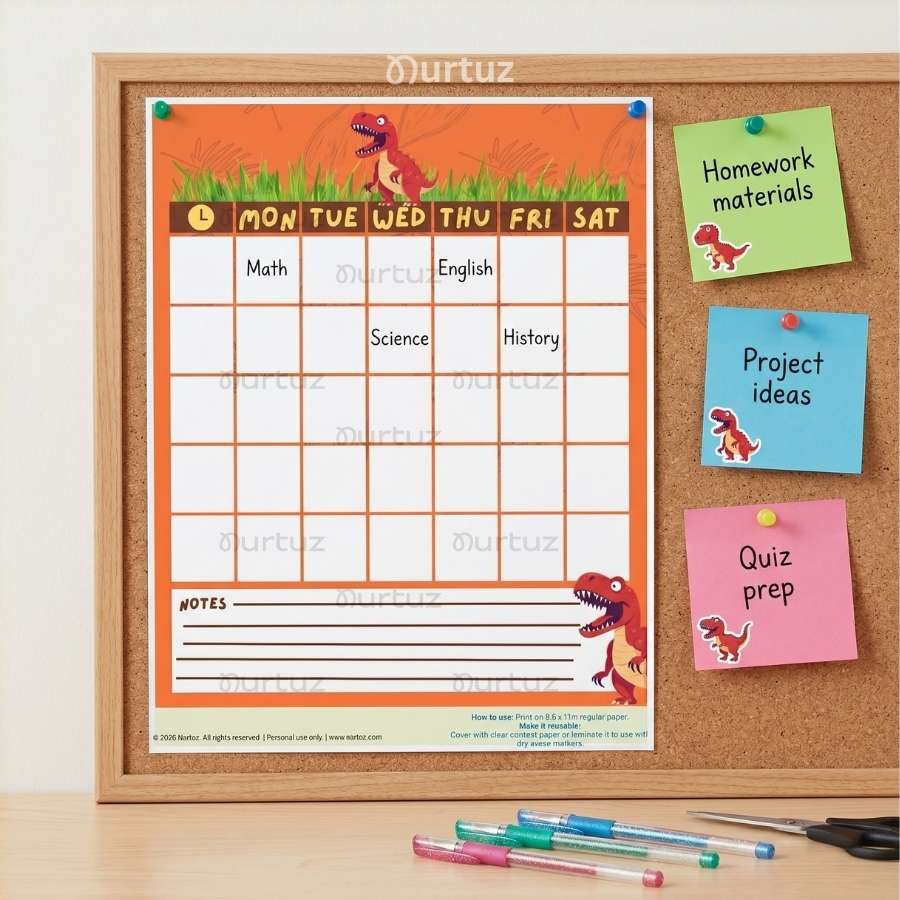 T-Rex - School Labels & Planner Set 2 Printable weekly planner and school schedule with dinosaur theme on a corkboard for study organization by Nurtuz.