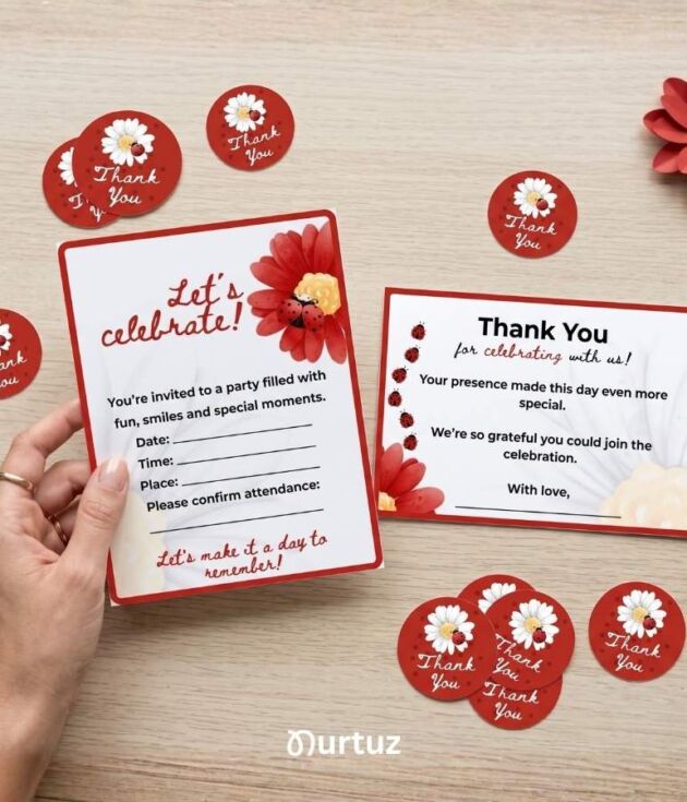 Main cover of the Ladybug printable party pack featuring a printable invitation, square favor tags, and thank you cards. Red and black ladybug garden theme with a clean, modern layout by Nurtuz.