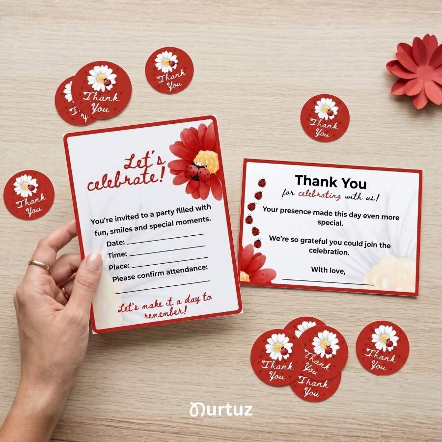 Ladybug - Invitations & thank you card pack 1 Main cover of the Ladybug printable party pack featuring a printable invitation, square favor tags, and thank you cards. Red and black ladybug garden theme with a clean, modern layout by Nurtuz.
