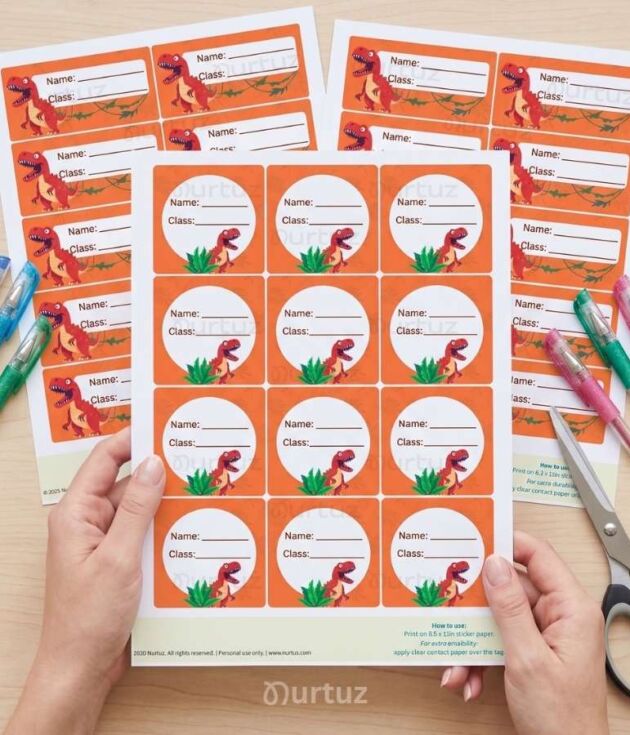 Printable dinosaur school labels and name tags for kids notebook organization by Nurtuz.