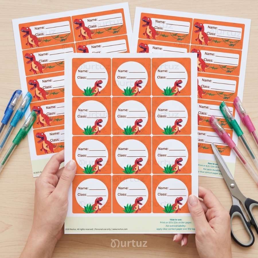 T-Rex - School Labels & Planner Set 1 Printable dinosaur school labels and name tags for kids notebook organization by Nurtuz.