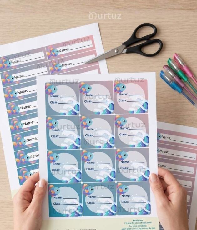 Printable ocean themed school labels and personalized name tags for kids supplies by Nurtuz.
