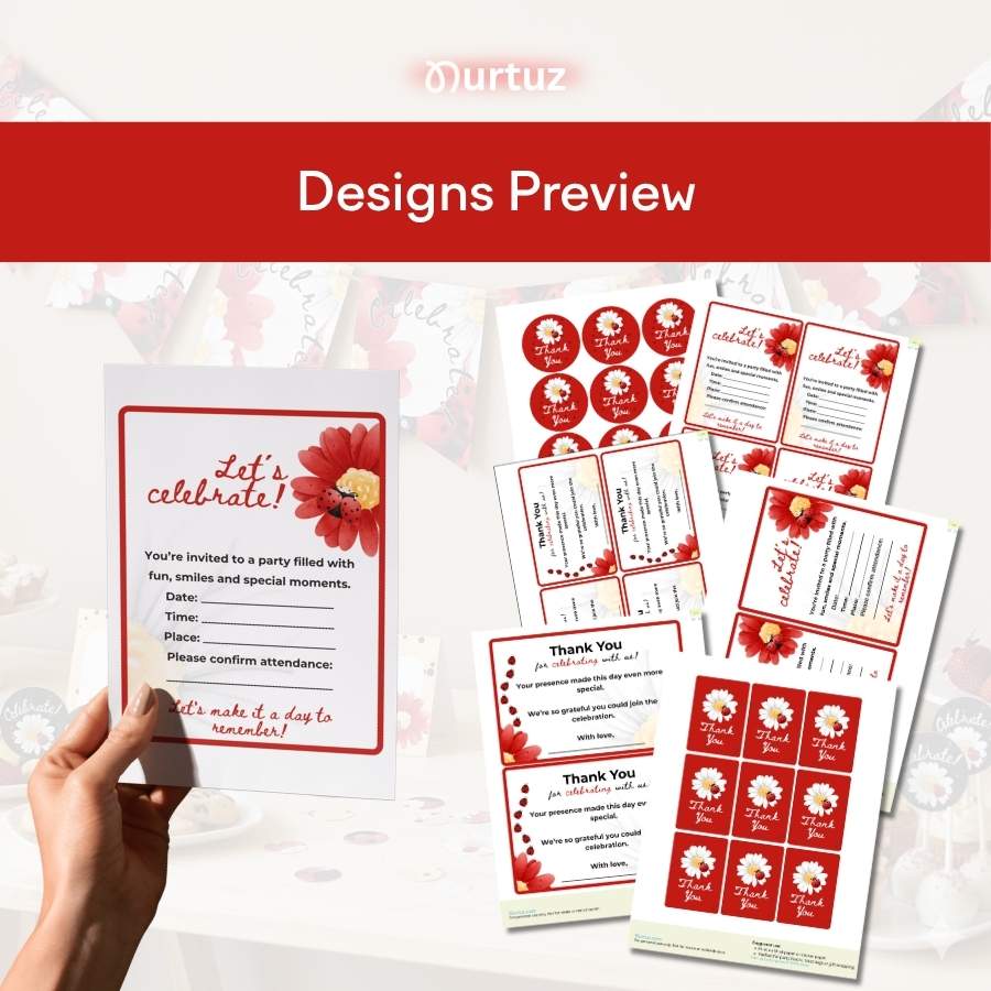 Ladybug - Invitations & thank you card pack 3 A digital preview showing the multiple pages of the Ladybug party pack PDF. Includes layouts for invitations, square favor tags, round stickers, and thank you cards in different sizes. Graphic display by Nurtuz.