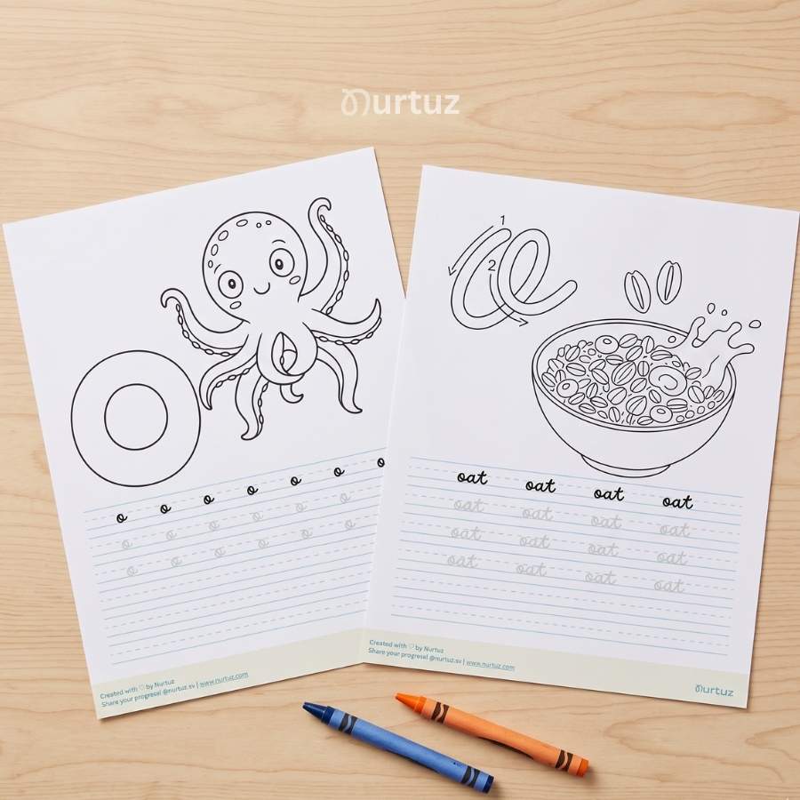 Creative Seed - My Cursive Vowels workbook 3 Letter O layout preview showing two printable pages included in the My Cursive Vowels workbook pack.