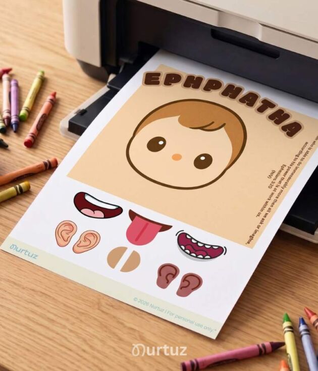 A printable Bible activity sheet about Jesus healing a deaf man coming out of a home printer, surrounded by colorful crayons on a wooden desk.