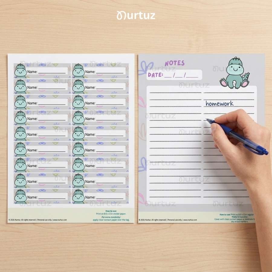 Cute Dinosaur - Labels & planner set 2 Printable sheet of green dinosaur name labels next to a kids dinosaur notes page being written on with a blue pen.