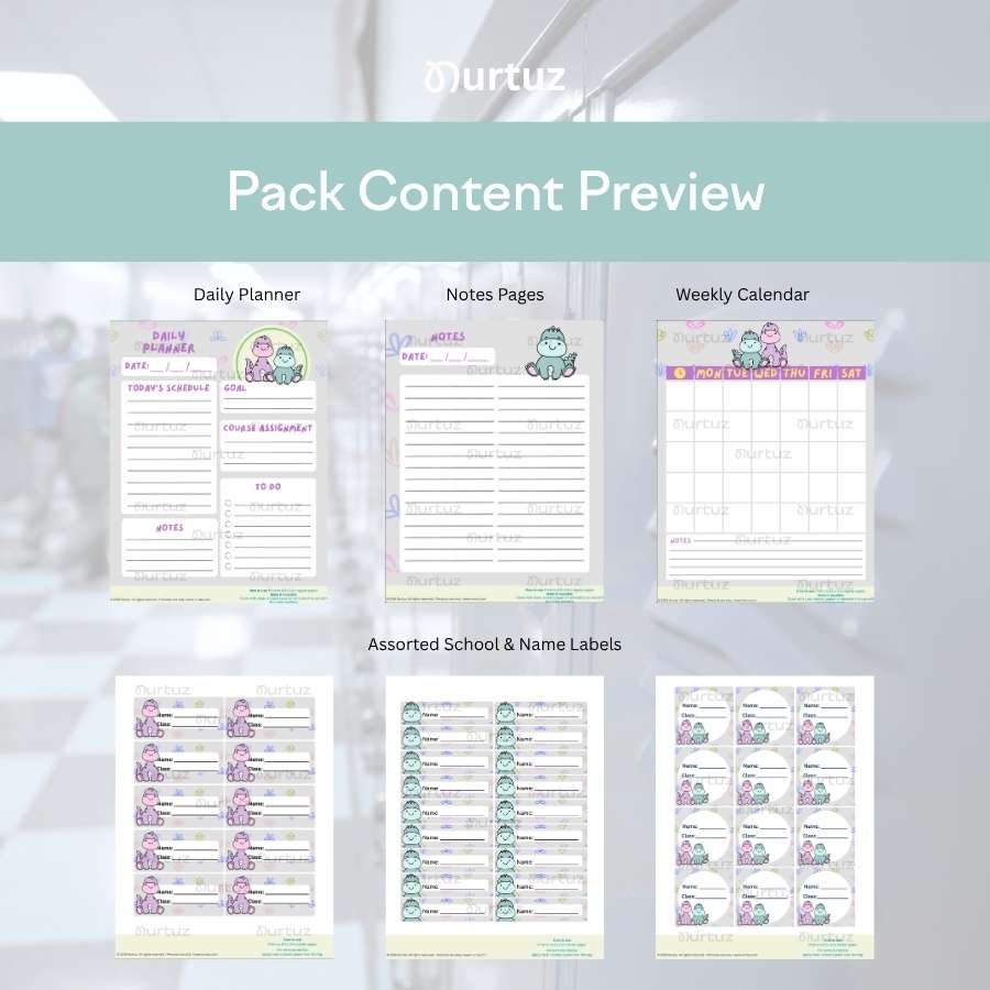 Cute Dinosaur - Labels & planner set 4 A full pack content preview of the cute dinosaur school labels and planner printable set showing all six included pages.