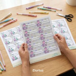 nurtuz home 2 Hands holding printed sheets of cute dinosaur school name labels for kids on a wooden desk with colorful pens.