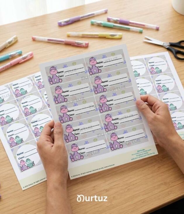Hands holding printed sheets of cute dinosaur school name labels for kids on a wooden desk with colorful pens.