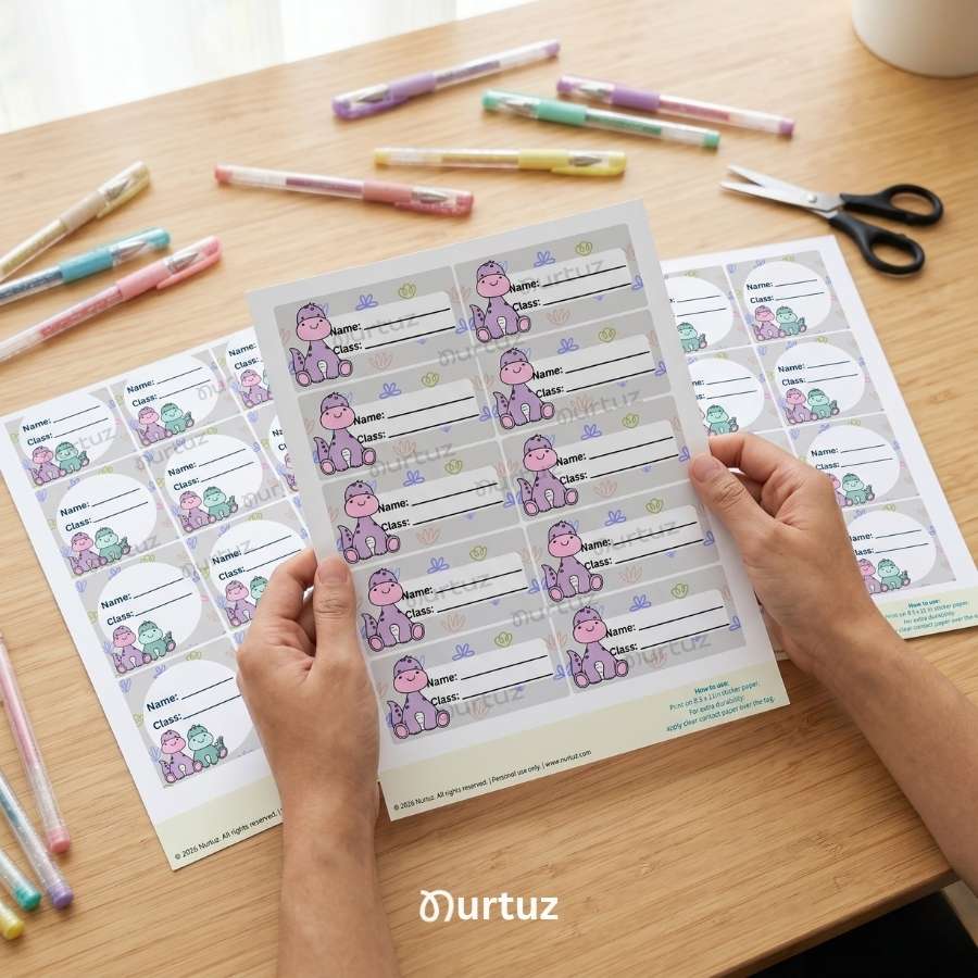 Cute Dinosaur - Labels & planner set 1 Hands holding printed sheets of cute dinosaur school name labels for kids on a wooden desk with colorful pens.