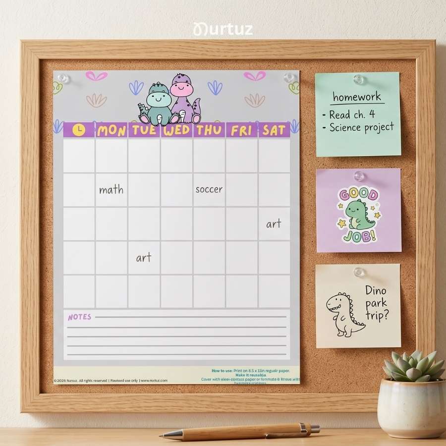 Cute Dinosaur - Labels & planner set 3 Printable kids dinosaur weekly calendar and school schedule pinned to a corkboard with hand-written classes like math and art.