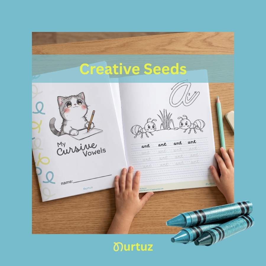 Creative Seed - My Cursive Vowels workbook 2 Close-up view of the cursive letter A lowercase tracing sheet and the matching short word ant coloring page in our printable cursive vowels practice workbook