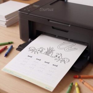 nurtuz home 1 Main cover mockup of My Cursive Vowels printable tracing workbook for kids on a desk with colorful crayons.