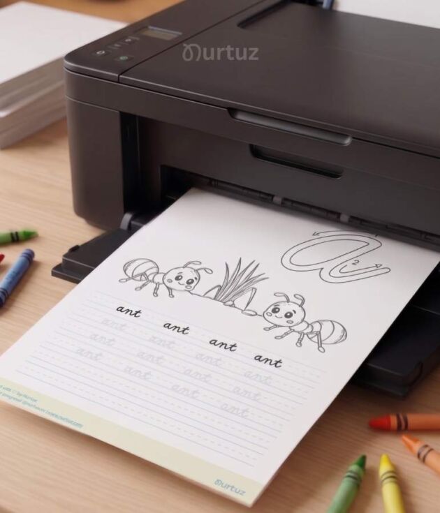 Main cover mockup of My Cursive Vowels printable tracing workbook for kids on a desk with colorful crayons.