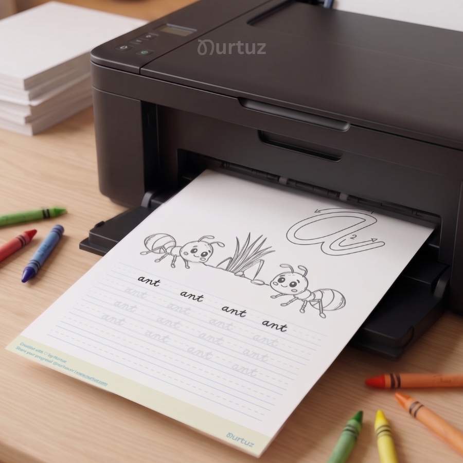 Creative Seed - My Cursive Vowels workbook 1 Main cover mockup of My Cursive Vowels printable tracing workbook for kids on a desk with colorful crayons.