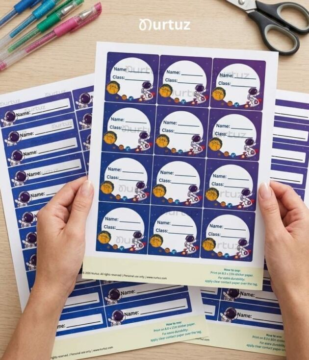 Printable galaxy school labels for kids supplies by Nurtuz.