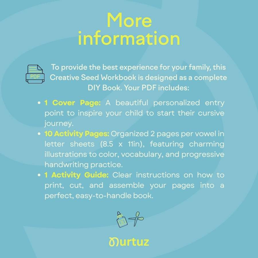 Creative Seed - My Cursive Vowels workbook 4 Infographic titled More Information for the Creative Seed Workbook detailing the inclusion of 1 cover page, 10 activity pages, and 1 activity guide.