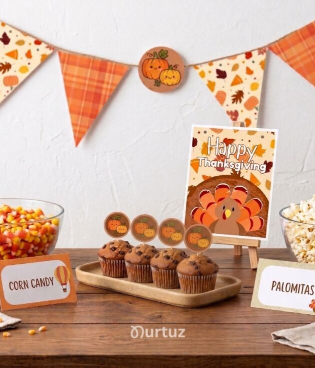 Thanksgiving Little Turkey printable party set mockup featuring a banner, pumpkin cupcake toppers, food tents, and a party sign on a wooden table.