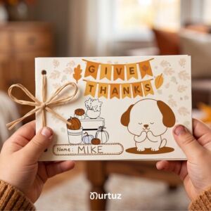 nurtuz home 1 Child's hands holding a printed Thanksgiving gratitude mini book for kids. The cover features a cute dog, autumn pumpkins, a Give Thanks banner, and is tied with rustic string. Our Thanksgiving printable activity for kids by Nurtuz