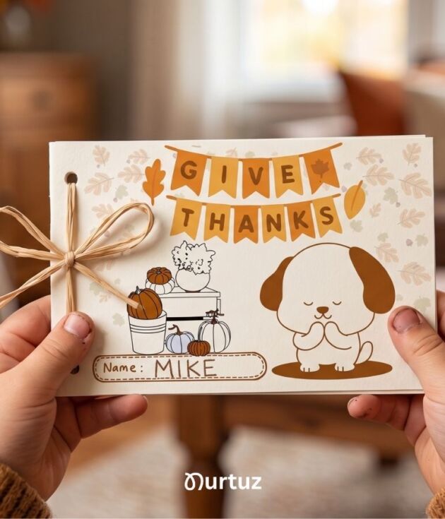 Child's hands holding a printed Thanksgiving gratitude mini book for kids. The cover features a cute dog, autumn pumpkins, a Give Thanks banner, and is tied with rustic string. Our Thanksgiving printable activity for kids by Nurtuz