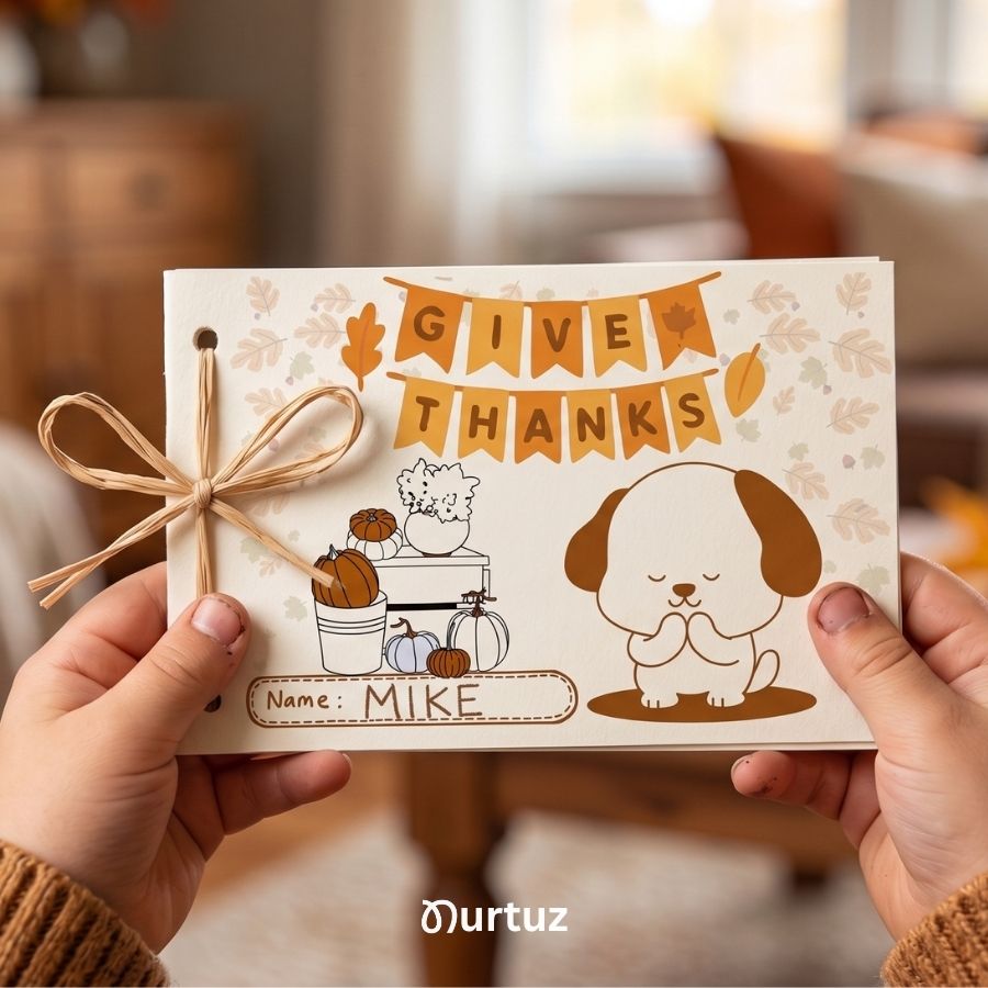 Creative Seed - Little Words of Gratitude - Mini Book 1 Child's hands holding a printed Thanksgiving gratitude mini book for kids. The cover features a cute dog, autumn pumpkins, a Give Thanks banner, and is tied with rustic string. Our Thanksgiving printable activity for kids by Nurtuz