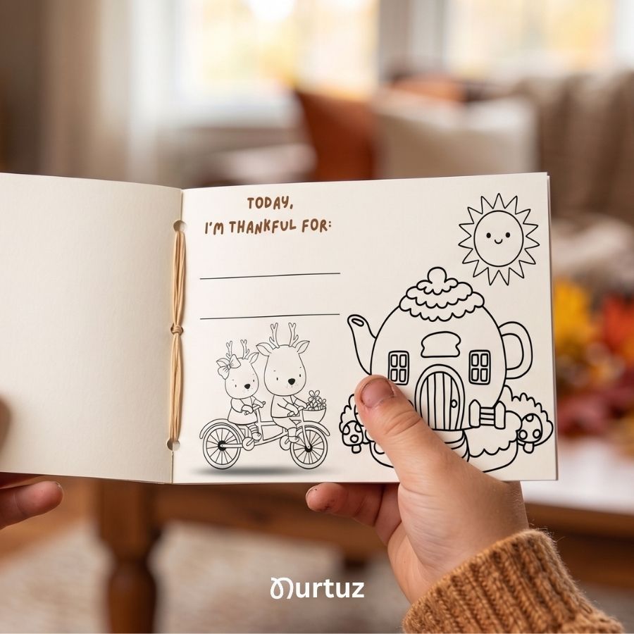 Creative Seed - Little Words of Gratitude - Mini Book 2 Child's hands holding open the printed Nurtuz kids gratitude mini book, displaying cute deer and teapot house coloring pages with the prompt 'TODAY, I'M THANKful FOR:' and simple writing lines.