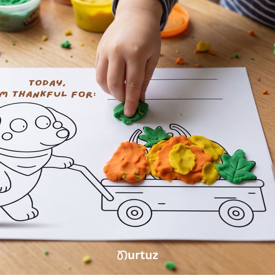 Creative Seed - Little Words of Gratitude - Mini Book 3 Child using playdough to decorate a Thanksgiving printable activity for kids, cute dog coloring page. Hands-on sensory play activity for kids featuring a cute dog and a wagon full of pumpkins from Nurtuz.