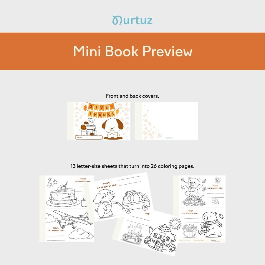 Creative Seed - Little Words of Gratitude - Mini Book 4 Preview of the Nurtuz Thanksgiving gratitude mini book for kids. Shows the front and back covers, plus 13 letter-size printable sheets that cut in half to create 26 autumn coloring pages.