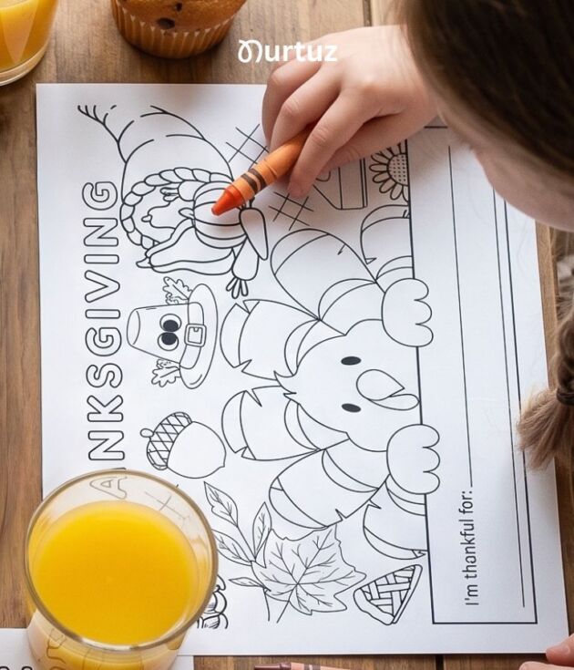 Child coloring a free Thanksgiving printable placemat featuring a little turkey. Kids Thanksgiving table activity and coloring page from Nurtuz.