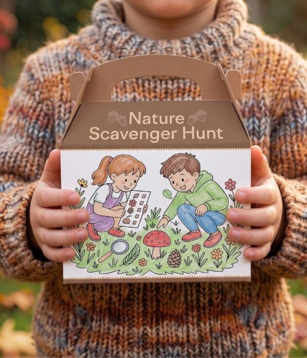 A child in a brown knitted sweater holds an assembled cardstock box for the Nurtuz Nature Scavenger Hunt Printable Activity, with a soft-focus park background and autumn leaves.