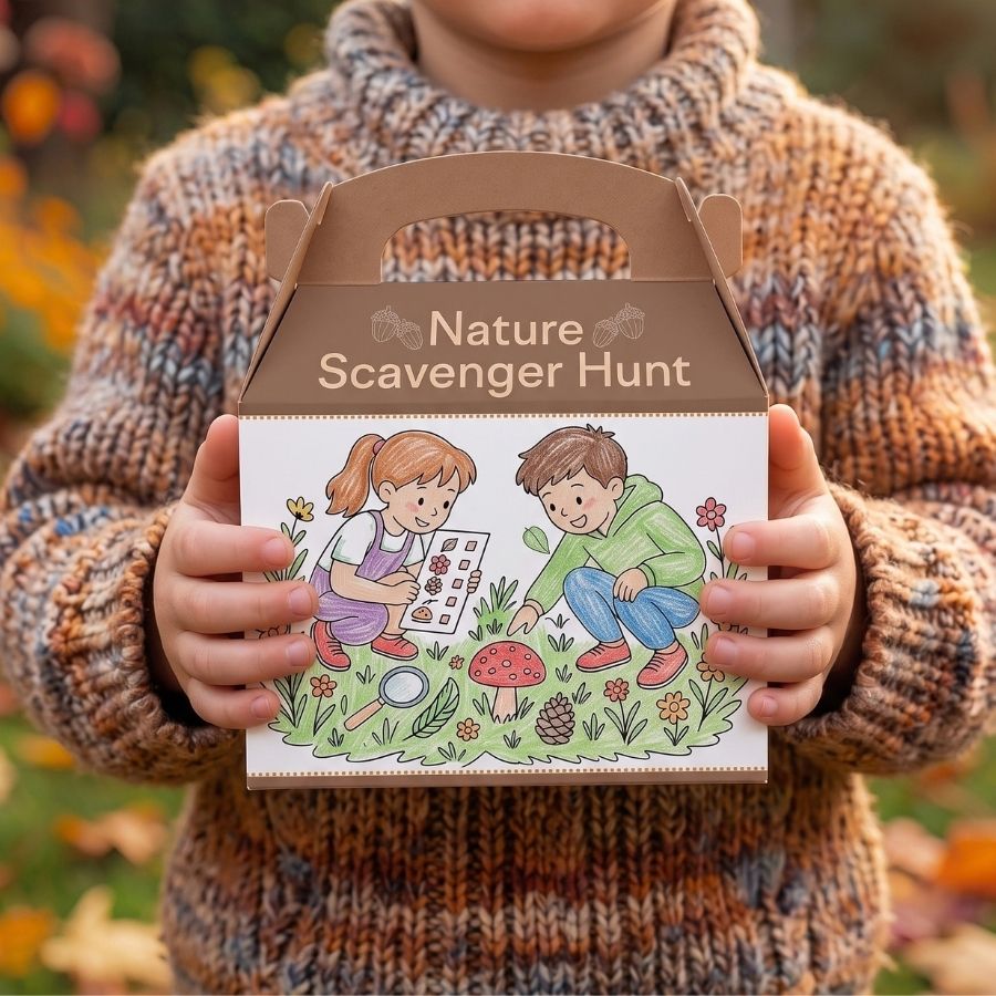 Creative Seed - Scavenger Hunt & Treasure Box 1 A child in a brown knitted sweater holds an assembled cardstock box for the Nurtuz Nature Scavenger Hunt Printable Activity, with a soft-focus park background and autumn leaves.