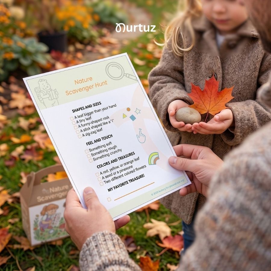 Creative Seed - Scavenger Hunt & Treasure Box 2 A parent holds the Nurtuz Nature Scavenger Hunt printable checklist while a child shows a round rock and an orange autumn leaf, with the assembled treasure box on the grass in the background.